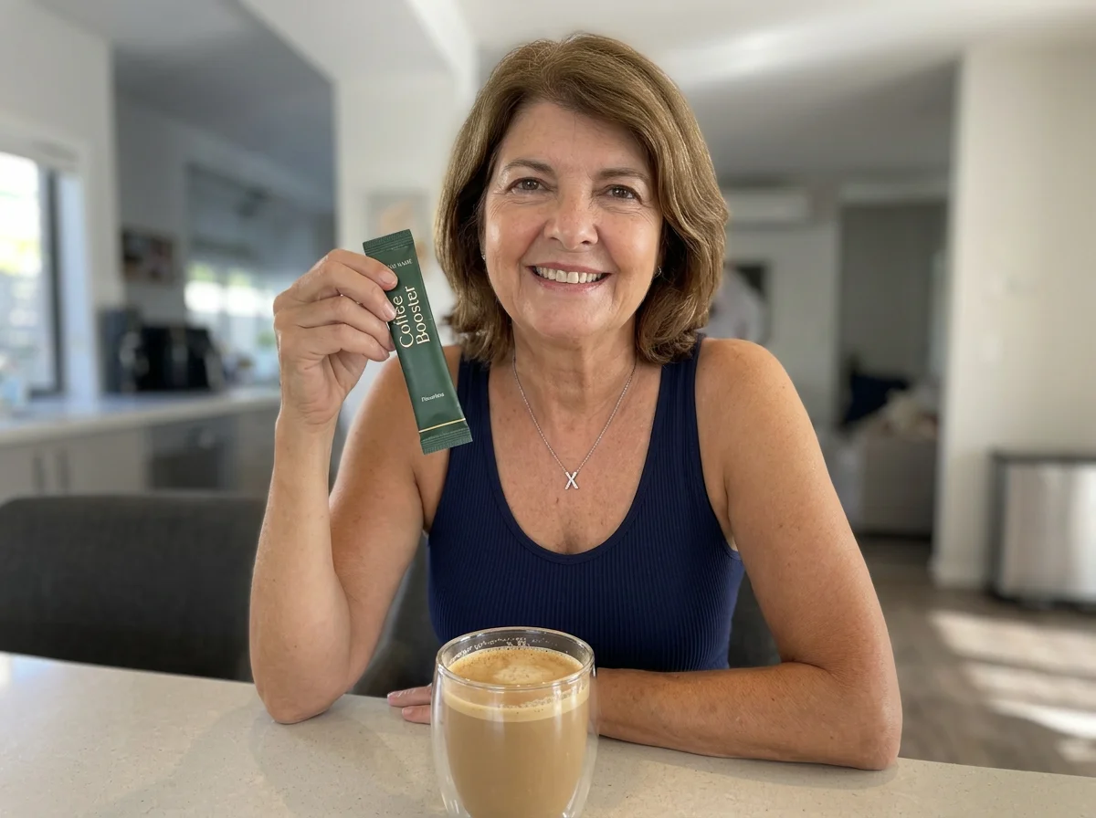 Woman holding a Coffee Boost sachet beside her coffee